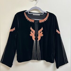 Black Velvet-Style Embroidered Blazer – Boho Open Front Top